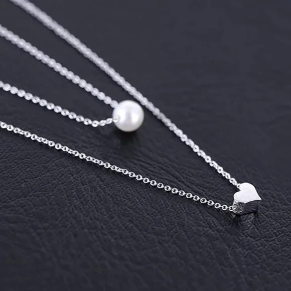 925 Sterling Silver Double Layer Pearl Heart Necklace - Picture 4 of 10